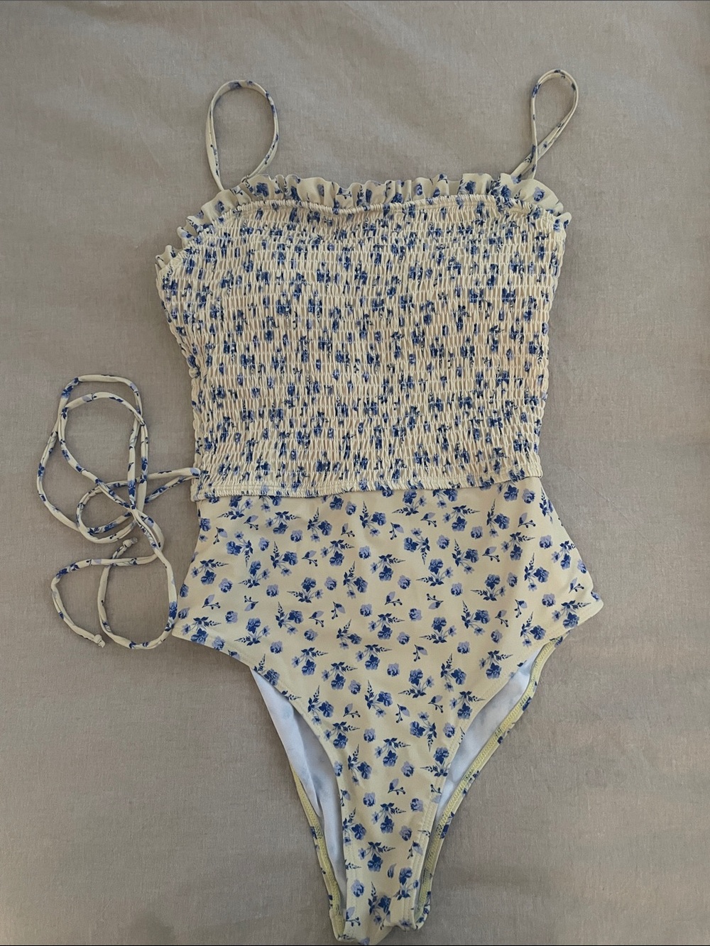 SHEIN Butter Yellow One-Piece Swimsuit with Blue Floral Print
